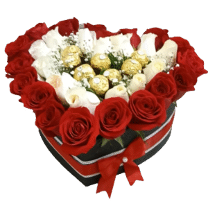 Topiario rosas rojas y blancas x30 y chocolates ferrero x8