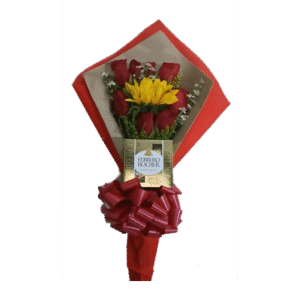 Arreglo de mano Rosas rojas, Girasol y Chocolate