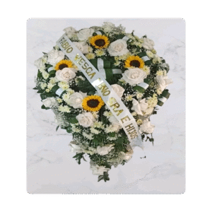 Lagrima de Rosas Blancas y Girasoles con Follaje de Pompón