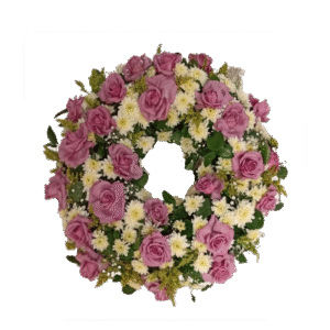 Corona en Donna con Rosas y Pompón Blanco