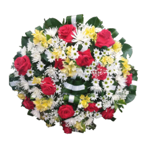 Corona Funebre de Rosas Rojas y Rosas Blancas, Margaritas y Astromelias