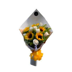 Bouquet de mano, de 5 girasoles y 8 rosas blancas